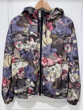 NIKE Lightweight Hooded Floral Zip-Up Jacket with Pockets Size Small